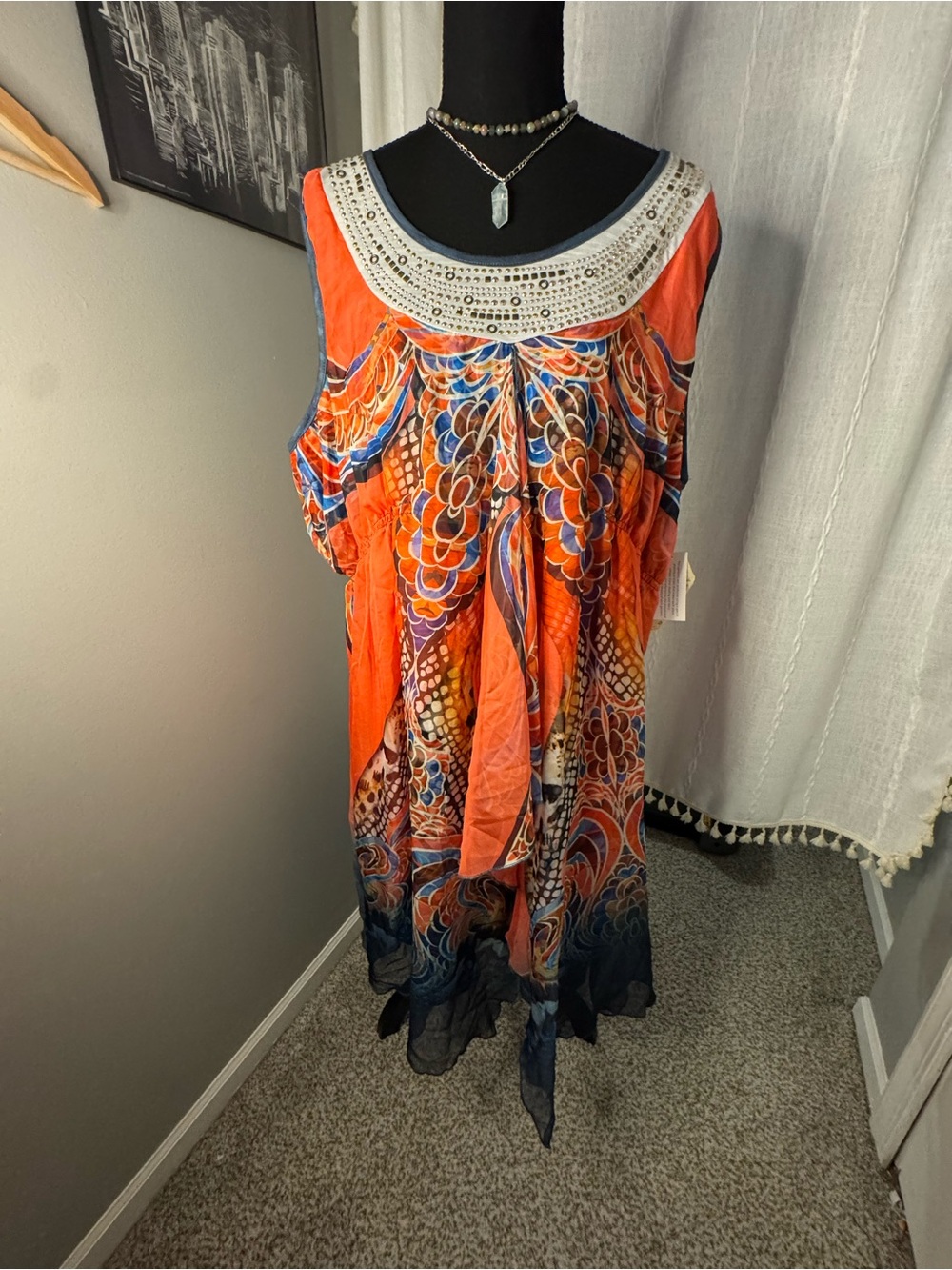 ONE WORLD Orange Multicolor Boho Midi Dress with Embellished Neckline